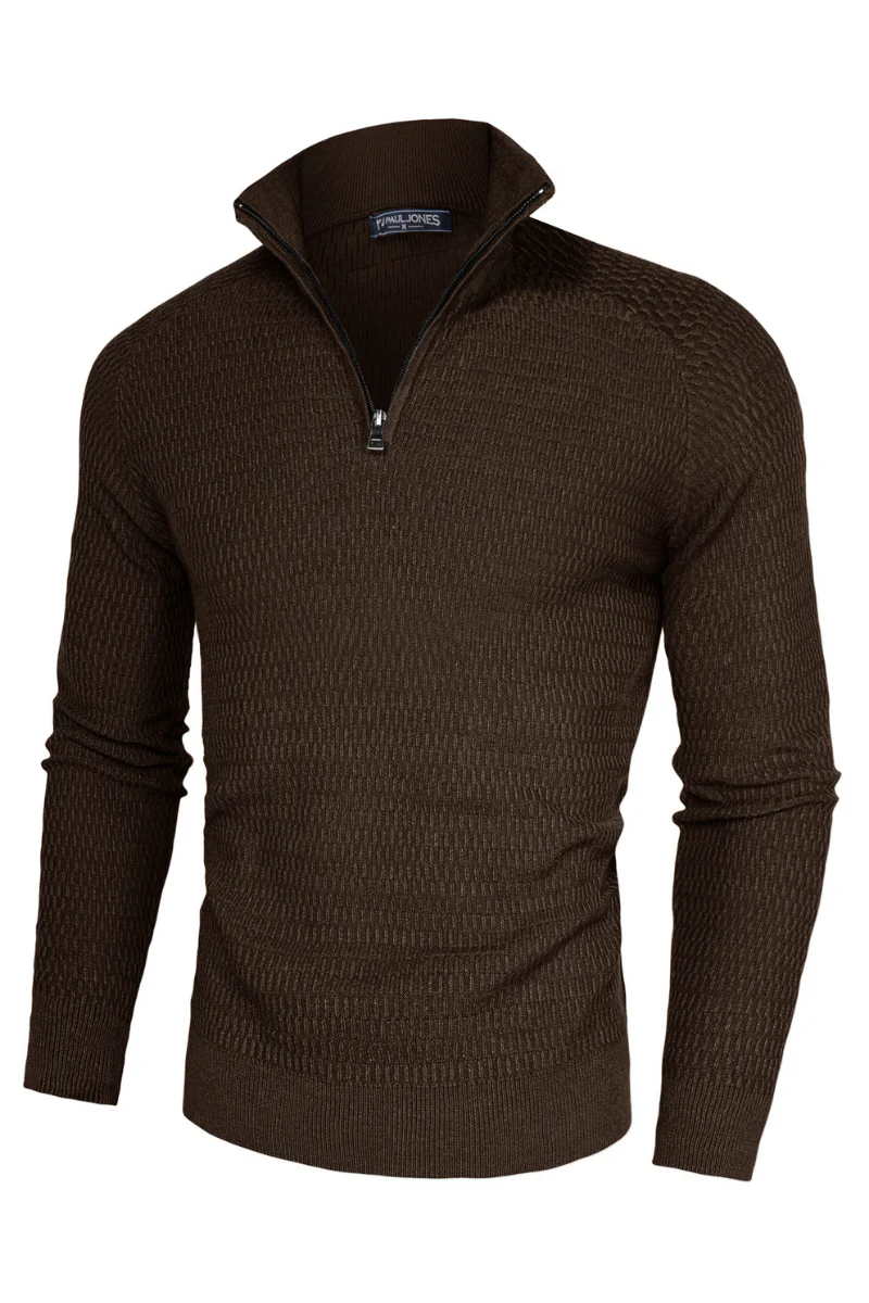 Men Textured Sweater Long Raglan Sleeve Stand Collar Ribbed Cuff Pullover - Image 51