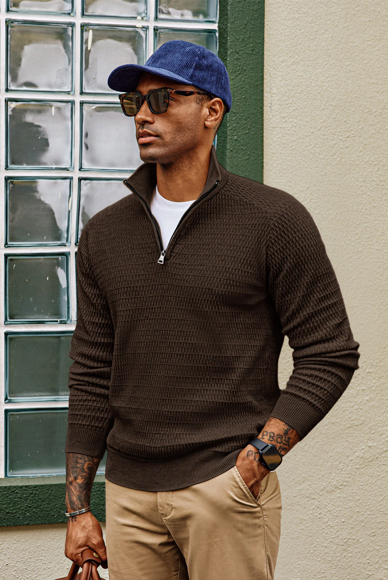 Men Textured Sweater Long Raglan Sleeve Stand Collar Ribbed Cuff Pullover - Image 52