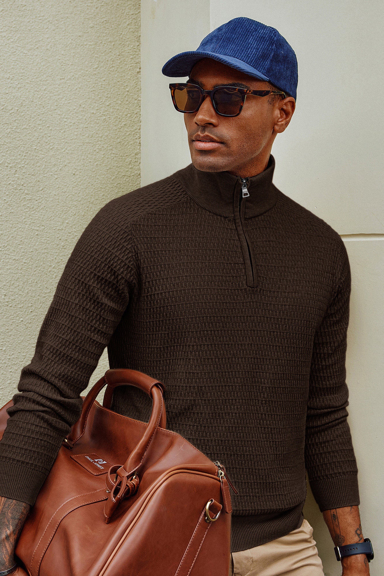 Men Textured Sweater Long Raglan Sleeve Stand Collar Ribbed Cuff Pullover - Image 53