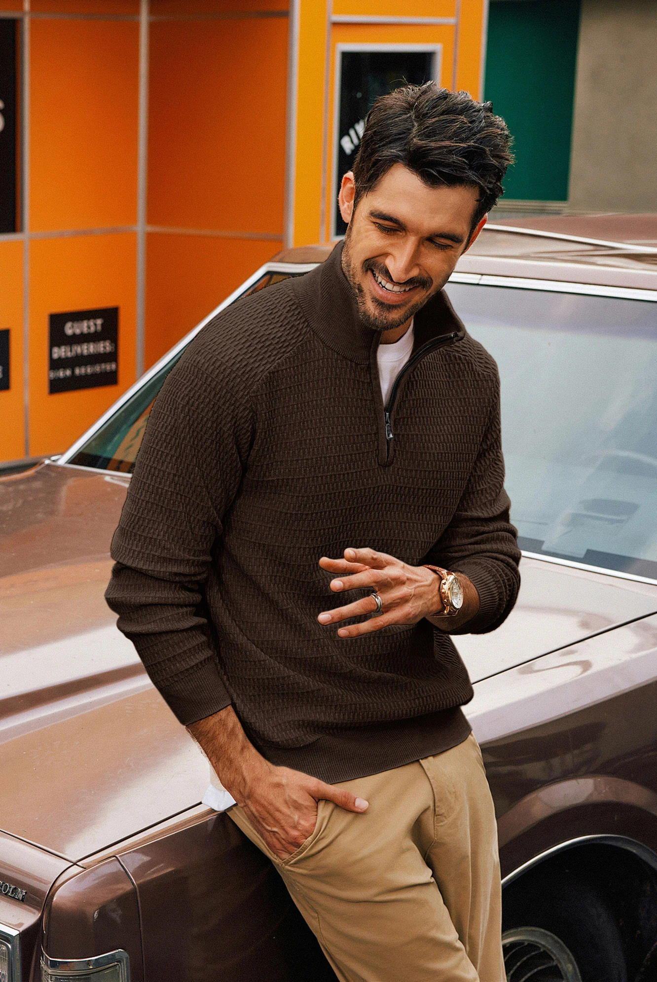 Men Textured Sweater Long Raglan Sleeve Stand Collar Ribbed Cuff Pullover - Image 55