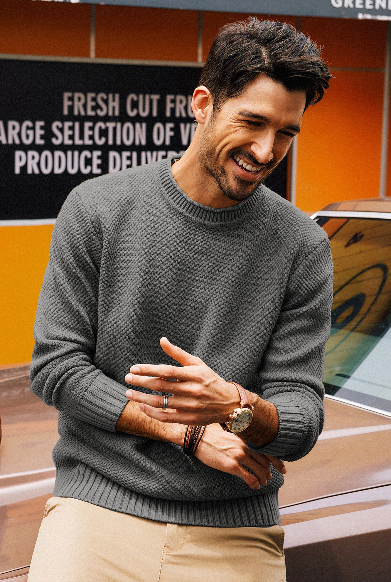 Men Textured Sweater Long Sleeve Crew Neck Ribbed Cuff Pullover - Image 16