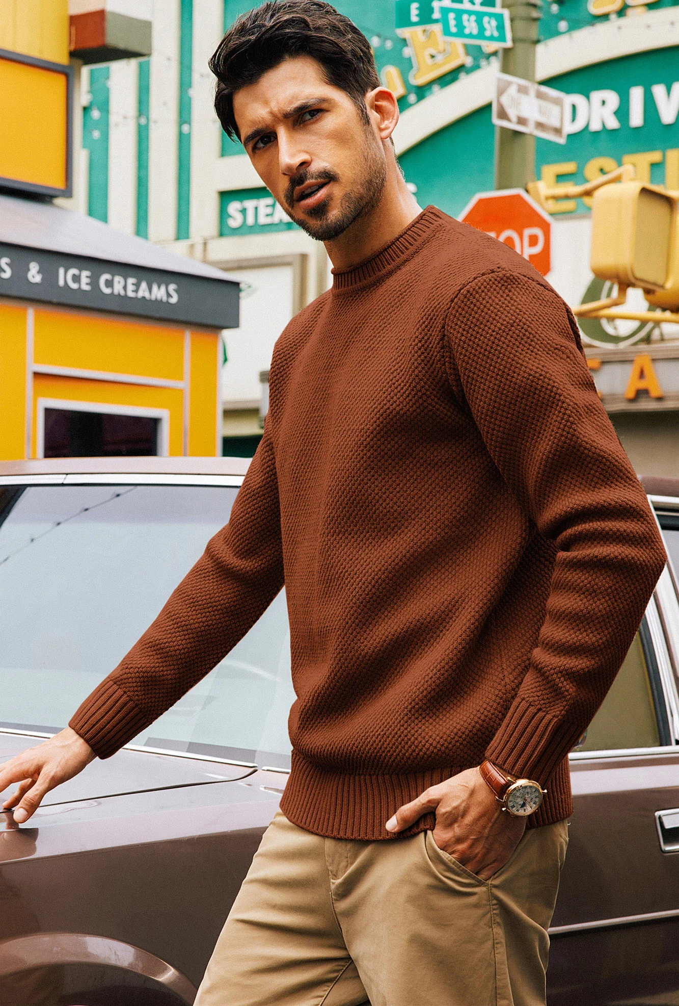 Men Textured Sweater Long Sleeve Crew Neck Ribbed Cuff Pullover - Image 52