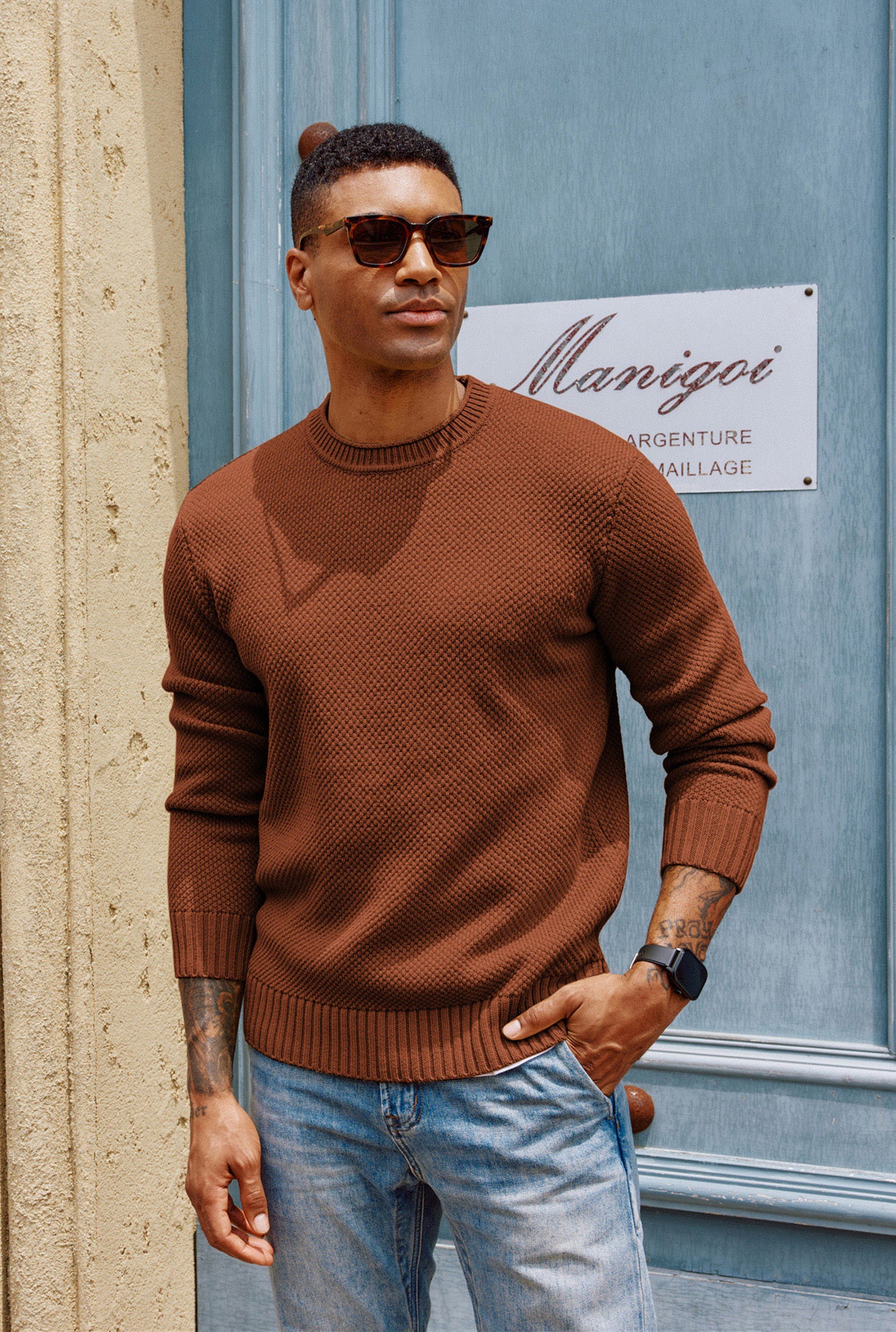 Men Textured Sweater Long Sleeve Crew Neck Ribbed Cuff Pullover - Image 54