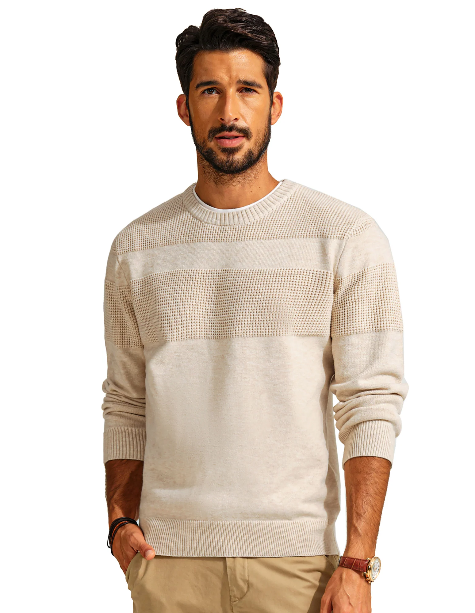 Men Textured Sweater Long Sleeve Crew Neck Ribbed Cuff Pullover Knitwear - Image 20