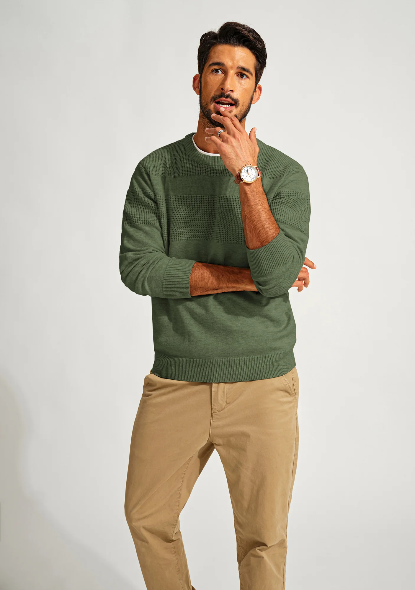 Men Textured Sweater Long Sleeve Crew Neck Ribbed Cuff Pullover Knitwear - Image 28