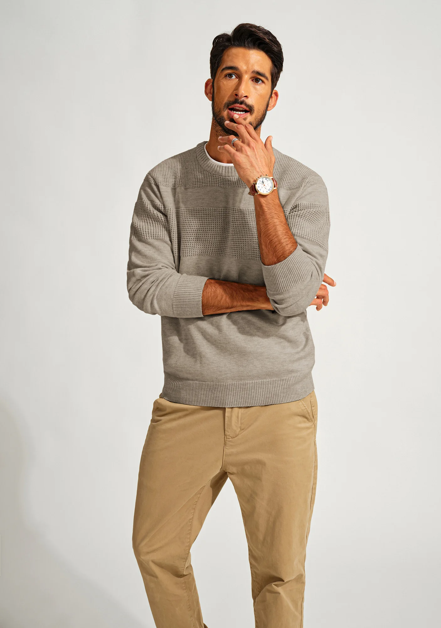 Men Textured Sweater Long Sleeve Crew Neck Ribbed Cuff Pullover Knitwear - Image 32