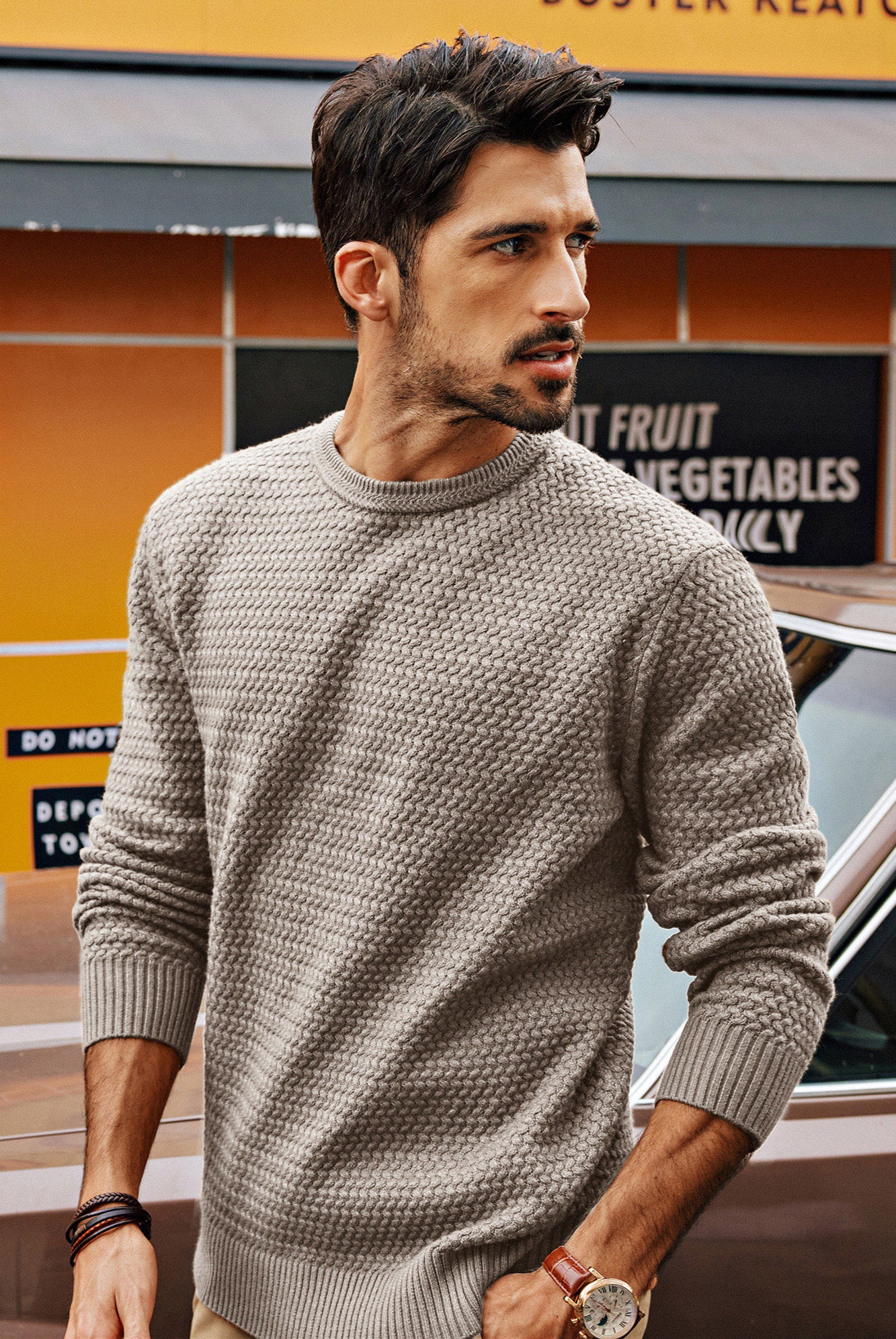 Men Textured Sweater Long Sleeve Crew Neck Ribbed Cuff Pullover Knitwear - Image 16