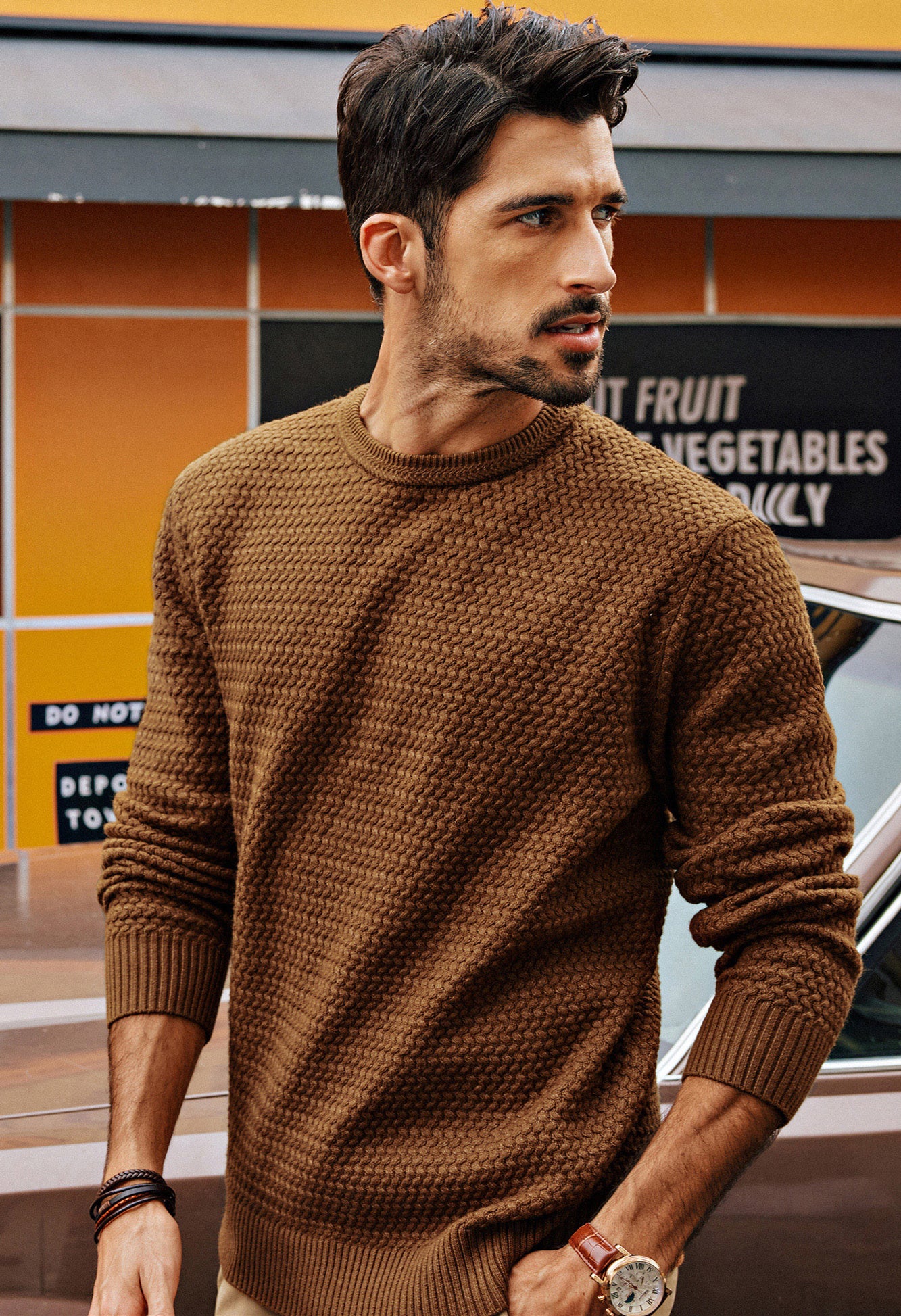 Men Textured Sweater Long Sleeve Crew Neck Ribbed Cuff Pullover Knitwear - Image 8