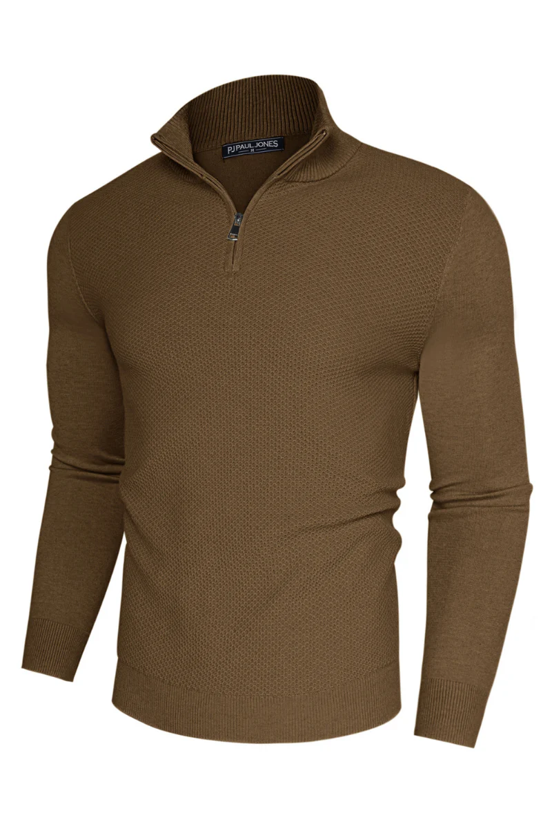 Men Textured Sweater Long Sleeve Stand Collar Zip-up Neck Pullover Knitwear - Image 12