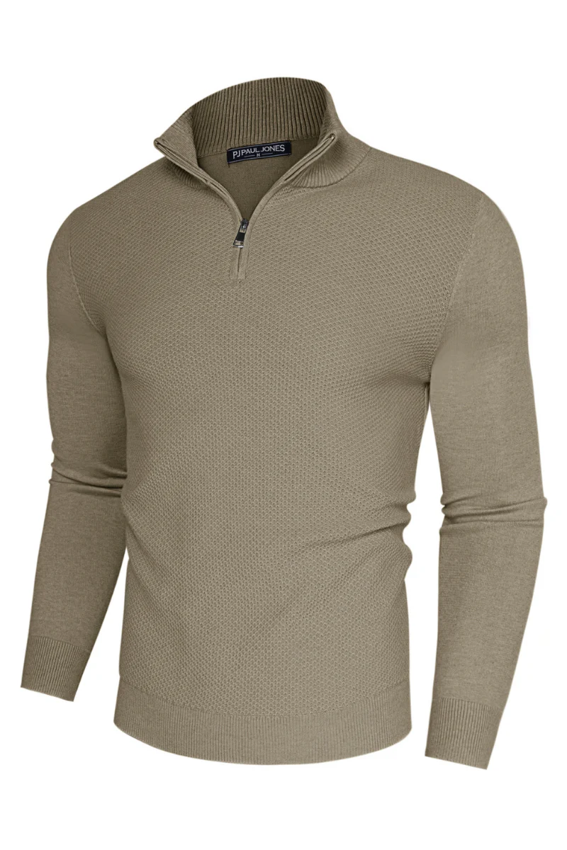 Men Textured Sweater Long Sleeve Stand Collar Zip-up Neck Pullover Knitwear - Image 16