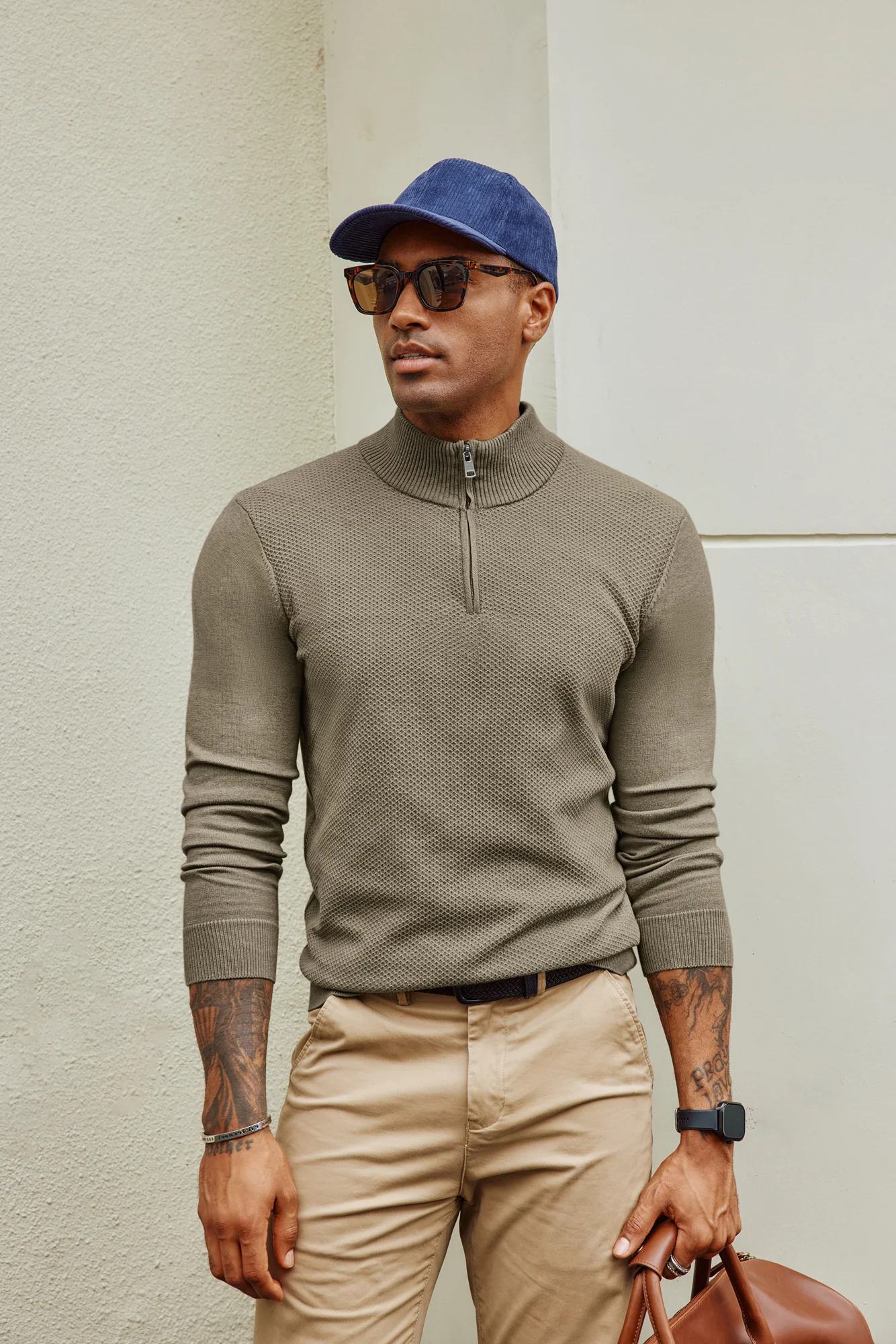 Men Textured Sweater Long Sleeve Stand Collar Zip-up Neck Pullover Knitwear - Image 19