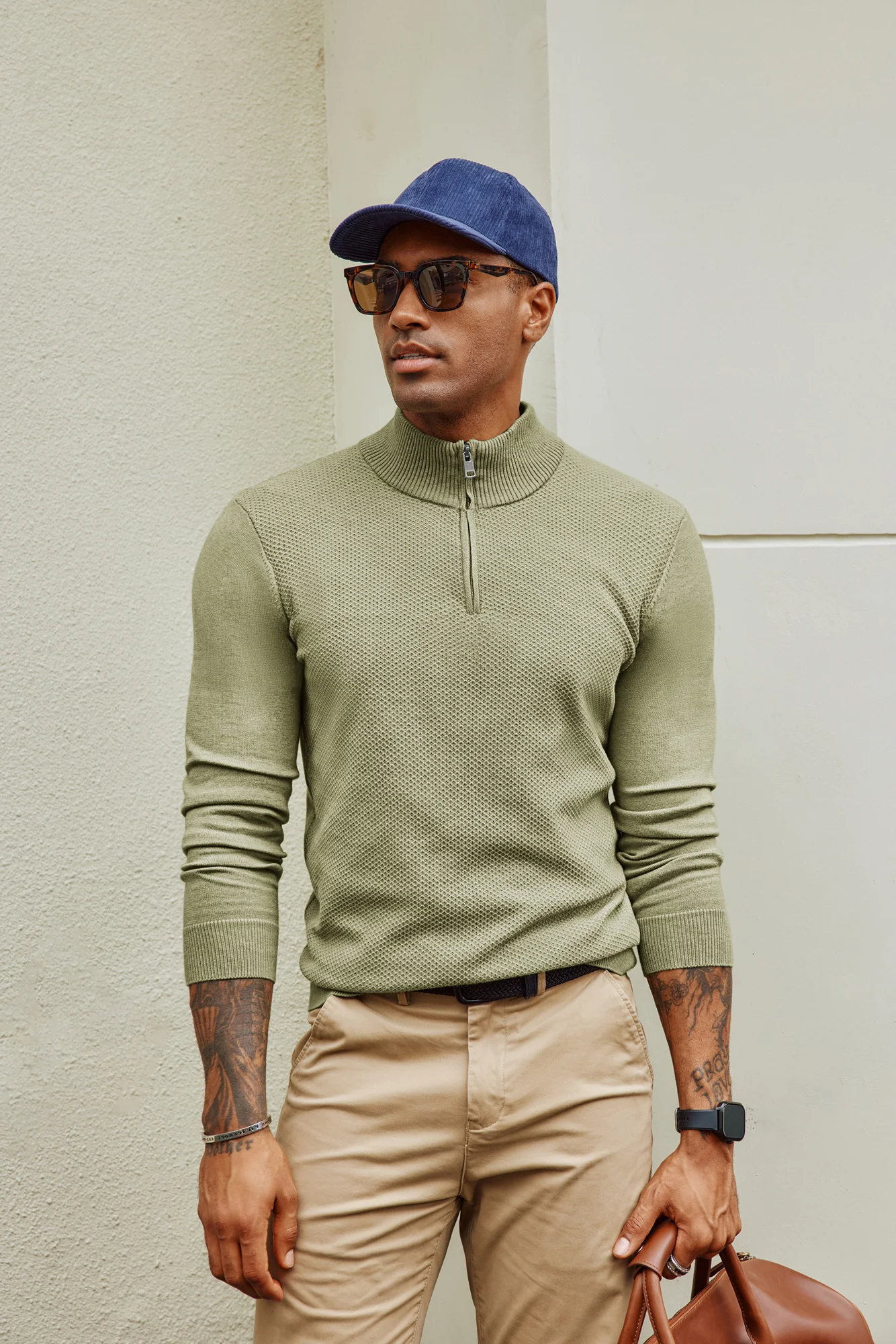 Men Textured Sweater Long Sleeve Stand Collar Zip-up Neck Pullover Knitwear - Image 23