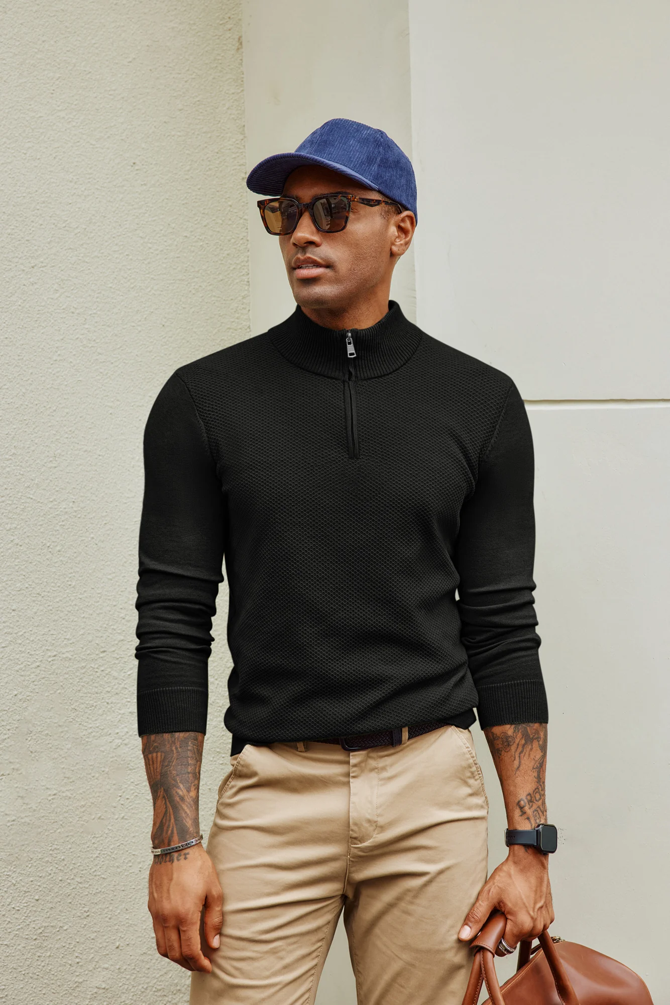 Men Textured Sweater Long Sleeve Stand Collar Zip-up Neck Pullover Knitwear - Image 4