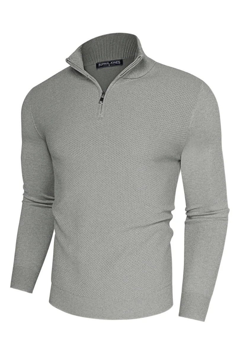 Men Textured Sweater Long Sleeve Stand Collar Zip-up Neck Pullover Knitwear - Image 7