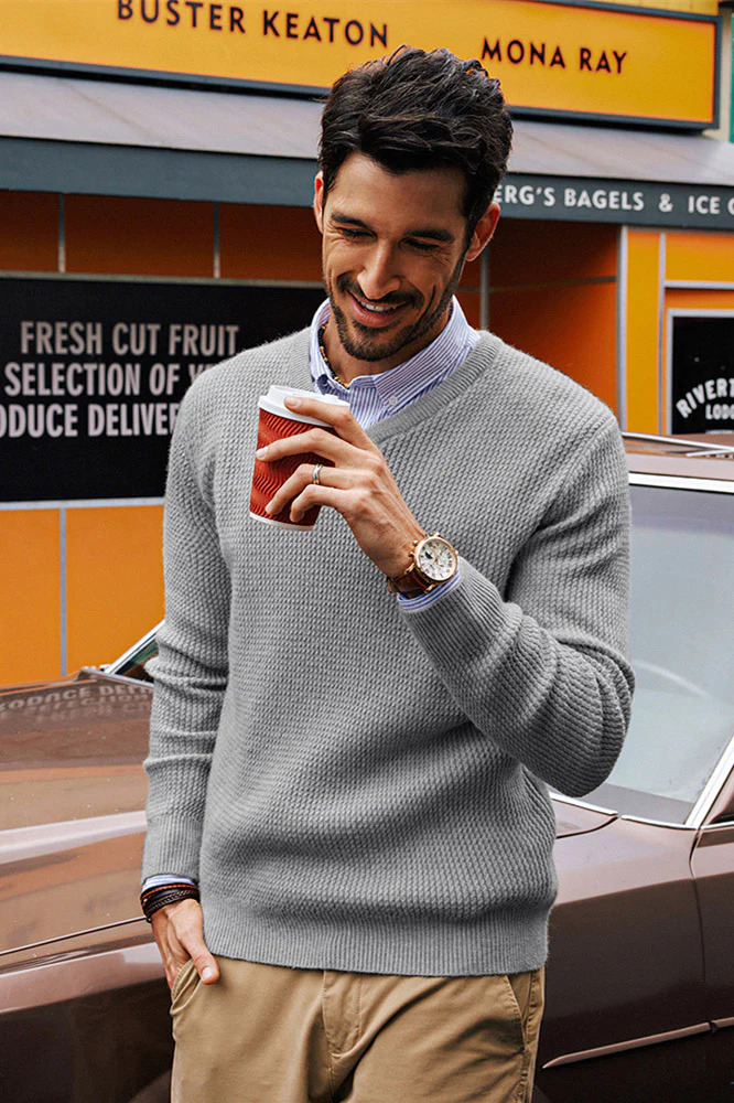 Men Textured Sweater Long Sleeve V-Neck Ribbed Cuff Pullover Knitted Tops - Image 17