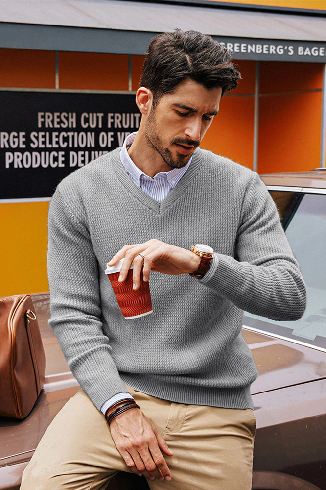 Men Textured Sweater Long Sleeve V-Neck Ribbed Cuff Pullover Knitted Tops - Image 20