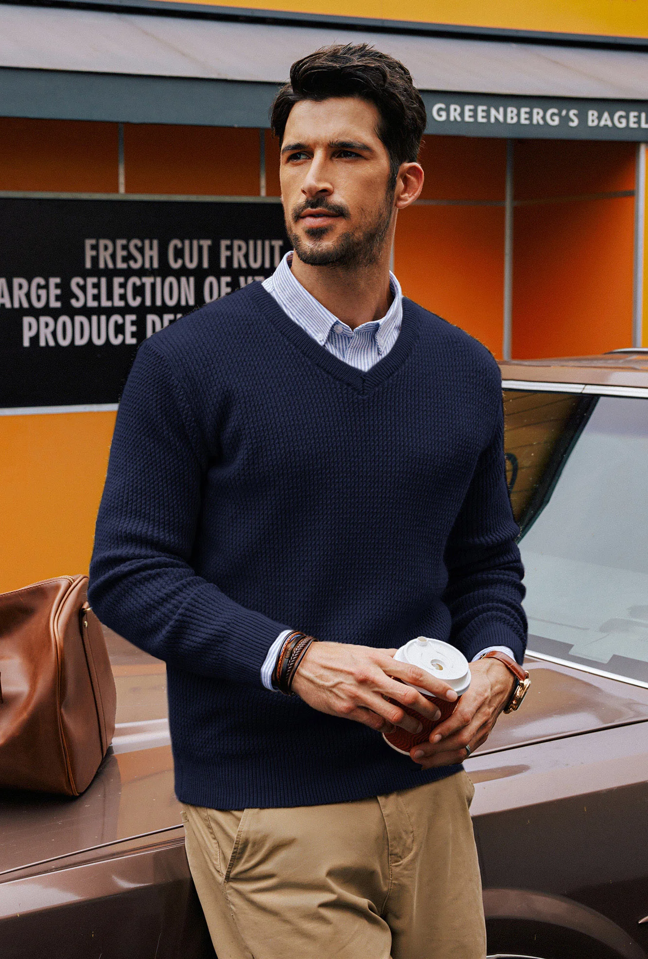 Men Textured Sweater Long Sleeve V-Neck Ribbed Cuff Pullover Knitted Tops - Image 9