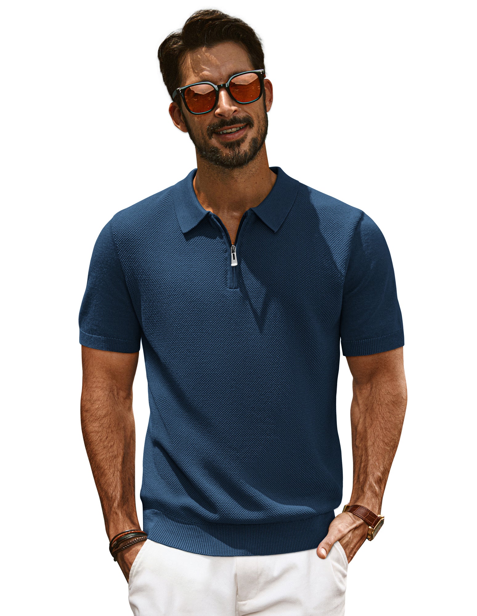 Men Textured Sweater Short Sleeve Lapel Collar Zip-up Neck Knitwear Tops - Image 16