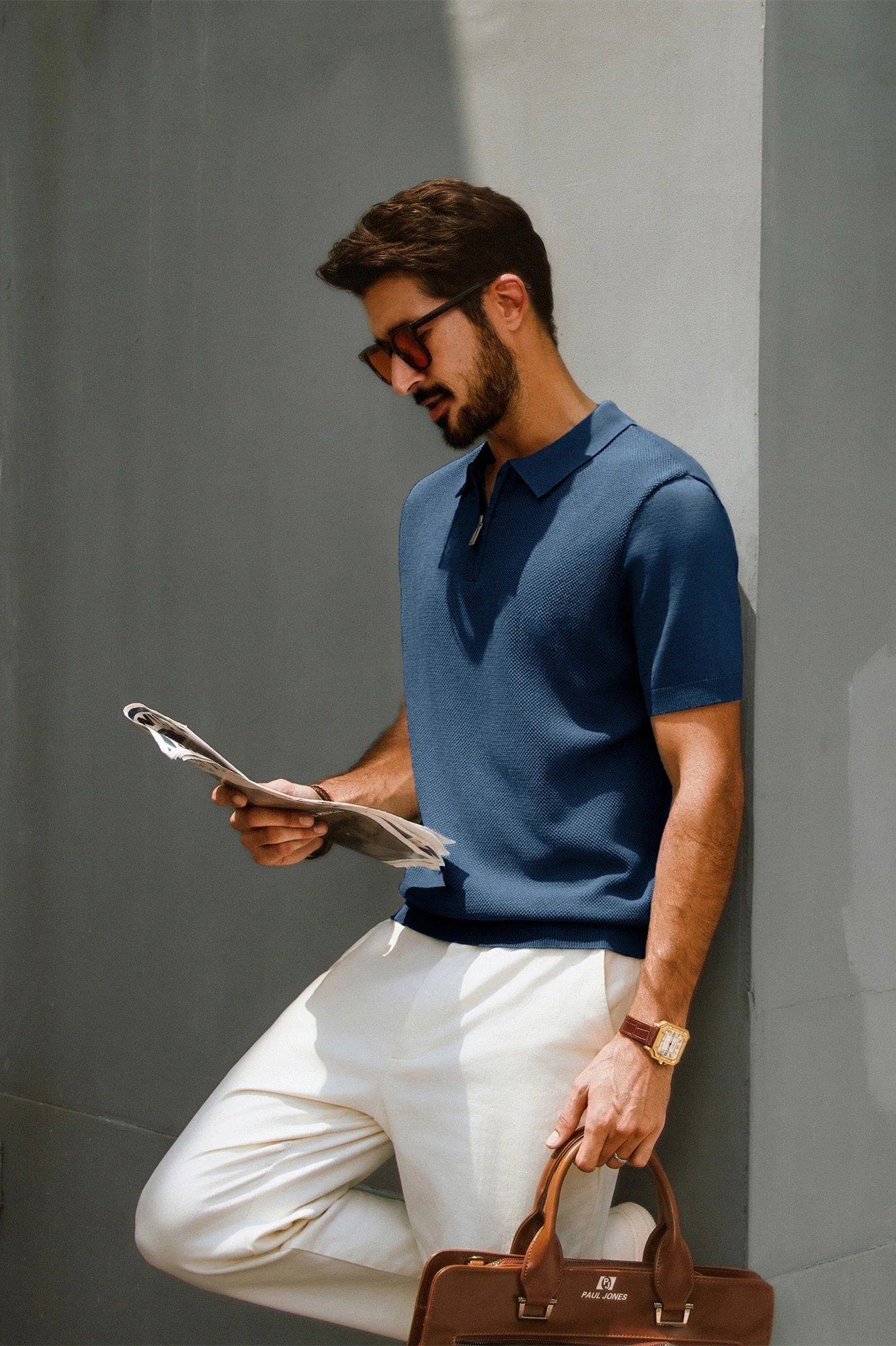 Men Textured Sweater Short Sleeve Lapel Collar Zip-up Neck Knitwear Tops - Image 19