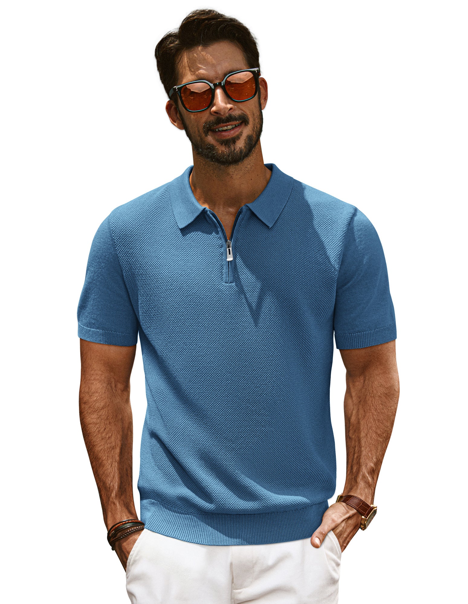 Men Textured Sweater Short Sleeve Lapel Collar Zip-up Neck Knitwear Tops - Image 39