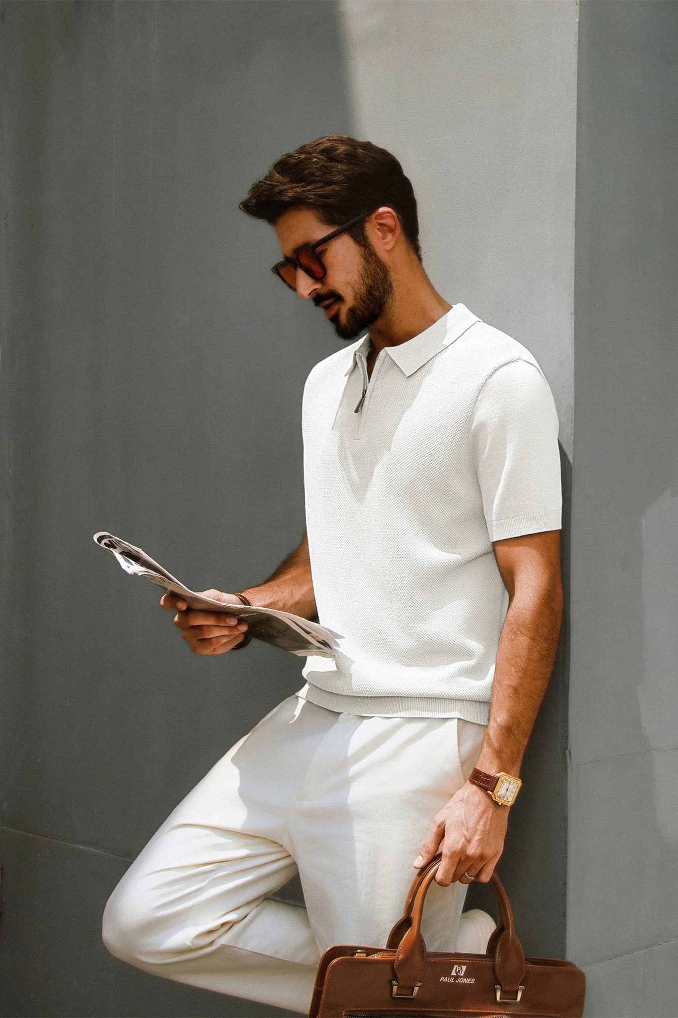 Men Textured Sweater Short Sleeve Lapel Collar Zip-up Neck Knitwear Tops - Image 5