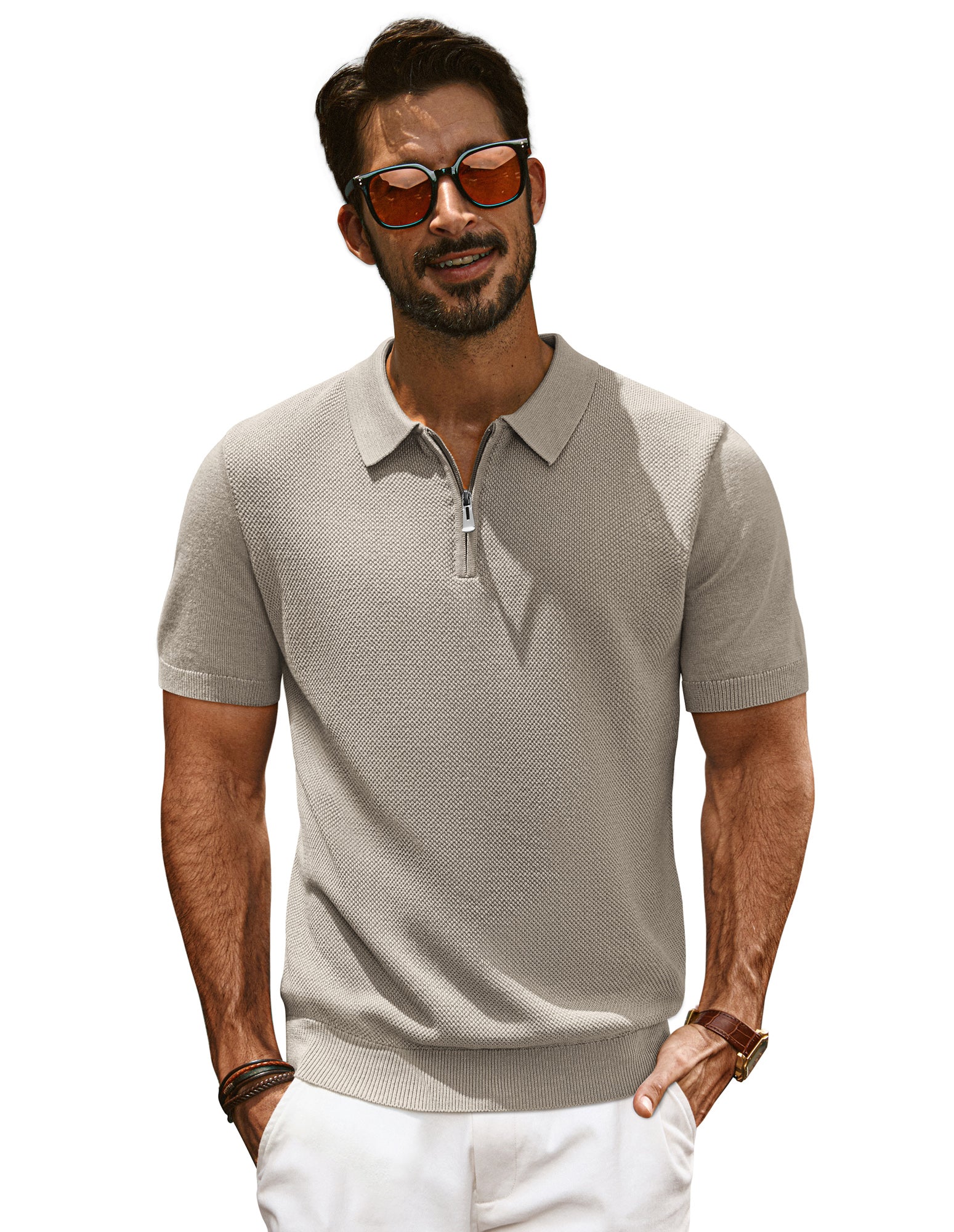 Men Textured Sweater Short Sleeve Lapel Collar Zip-up Neck Knitwear Tops - Image 54