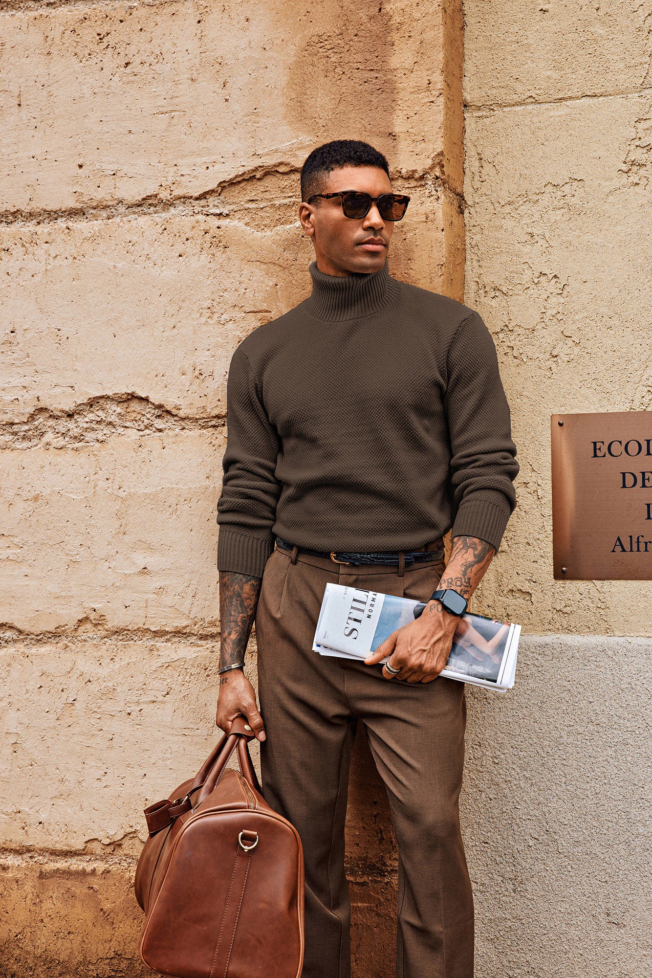Men Turtleneck Sweater Long Sleeve Ribbed Cuff Textured Pullover Jumper - Image 13