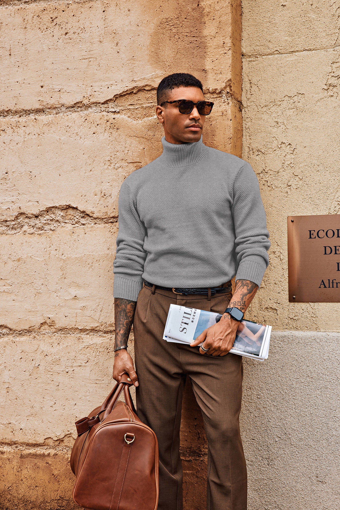 Men Turtleneck Sweater Long Sleeve Ribbed Cuff Textured Pullover Jumper - Image 29