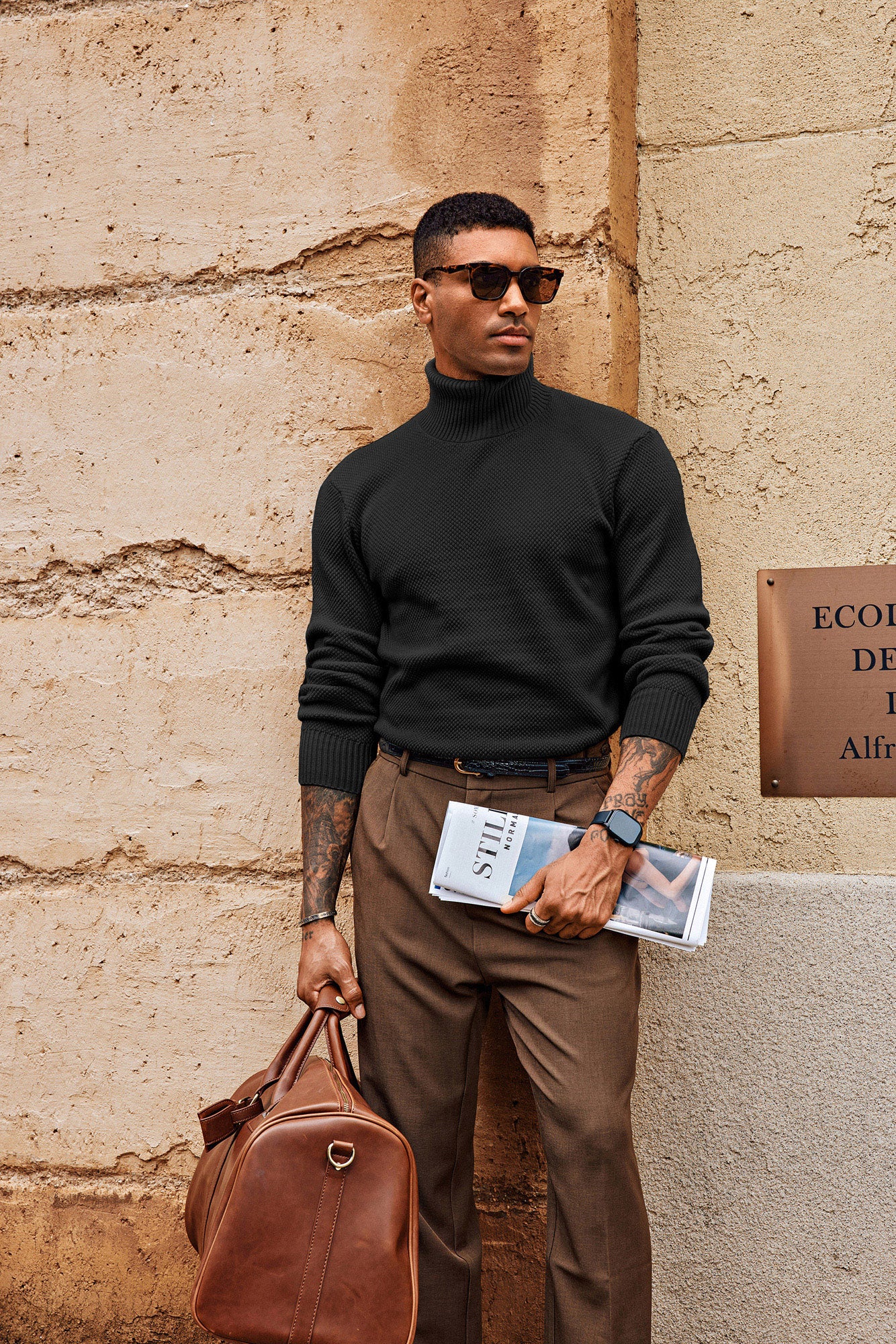 Men Turtleneck Sweater Long Sleeve Ribbed Cuff Textured Pullover Jumper - Image 4