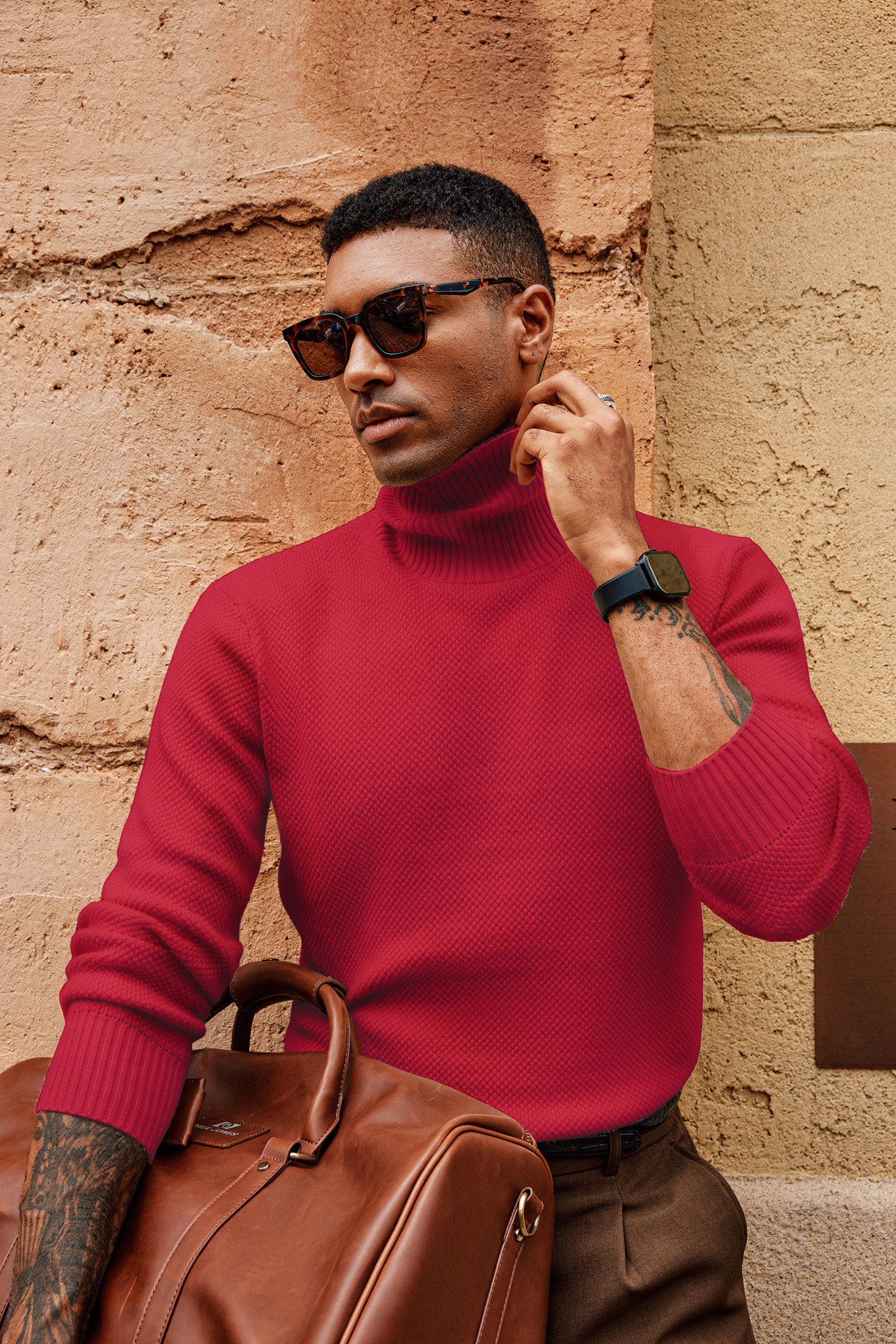 Men Turtleneck Sweater Long Sleeve Ribbed Cuff Textured Pullover Jumper - Image 43