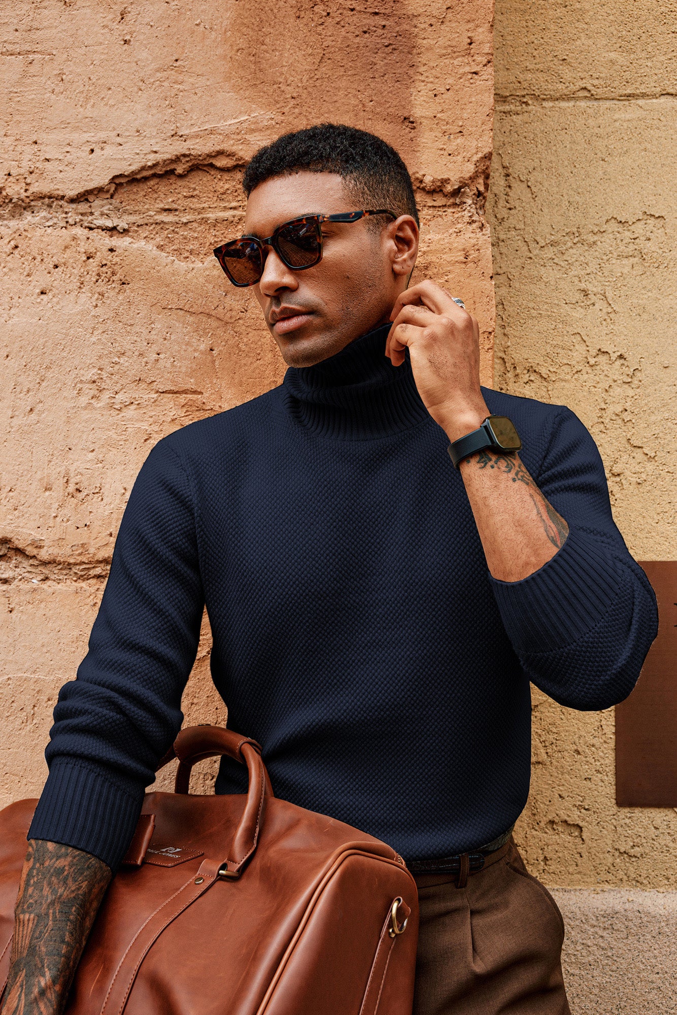 Men Turtleneck Sweater Long Sleeve Ribbed Cuff Textured Pullover Jumper - Image 9