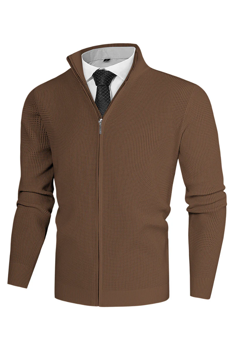 Men Waffle Textured Cardigan Long Sleeve Stand Collar Zip-up Sweater Knitwear - Image 12