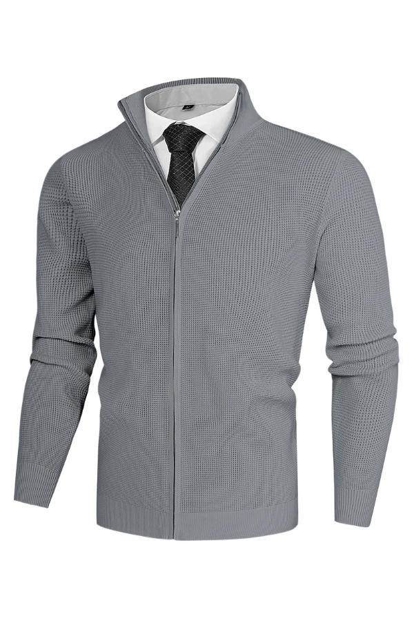 Men Waffle Textured Cardigan Long Sleeve Stand Collar Zip-up Sweater Knitwear - Image 26