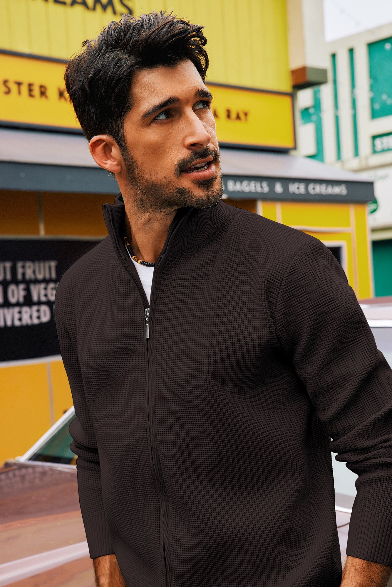 Men Waffle Textured Cardigan Long Sleeve Stand Collar Zip-up Sweater Knitwear - Image 48