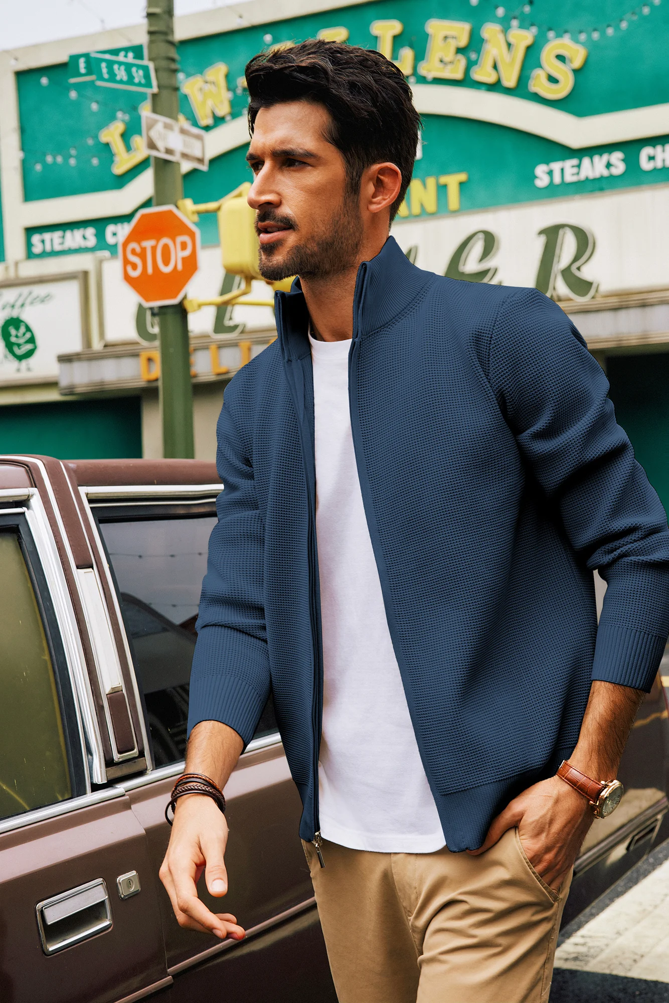 Men Waffle Textured Cardigan Long Sleeve Stand Collar Zip-up Sweater Knitwear - Image 53