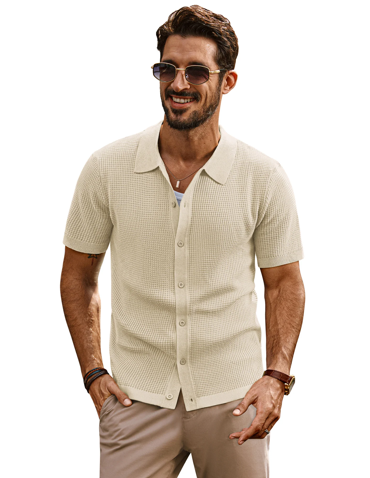 Men Waffle Textured Cardigan Short Sleeve Lapel Collar Button-up Sweater - Image 8