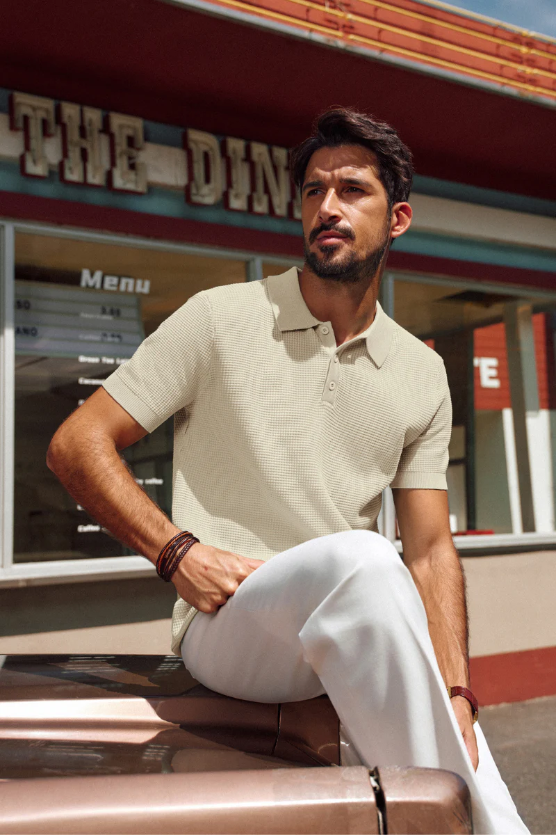 Men Waffle Textured Polo-Shirt Short Sleeve Lapel Collar Button-up Neck Tops - Image 11
