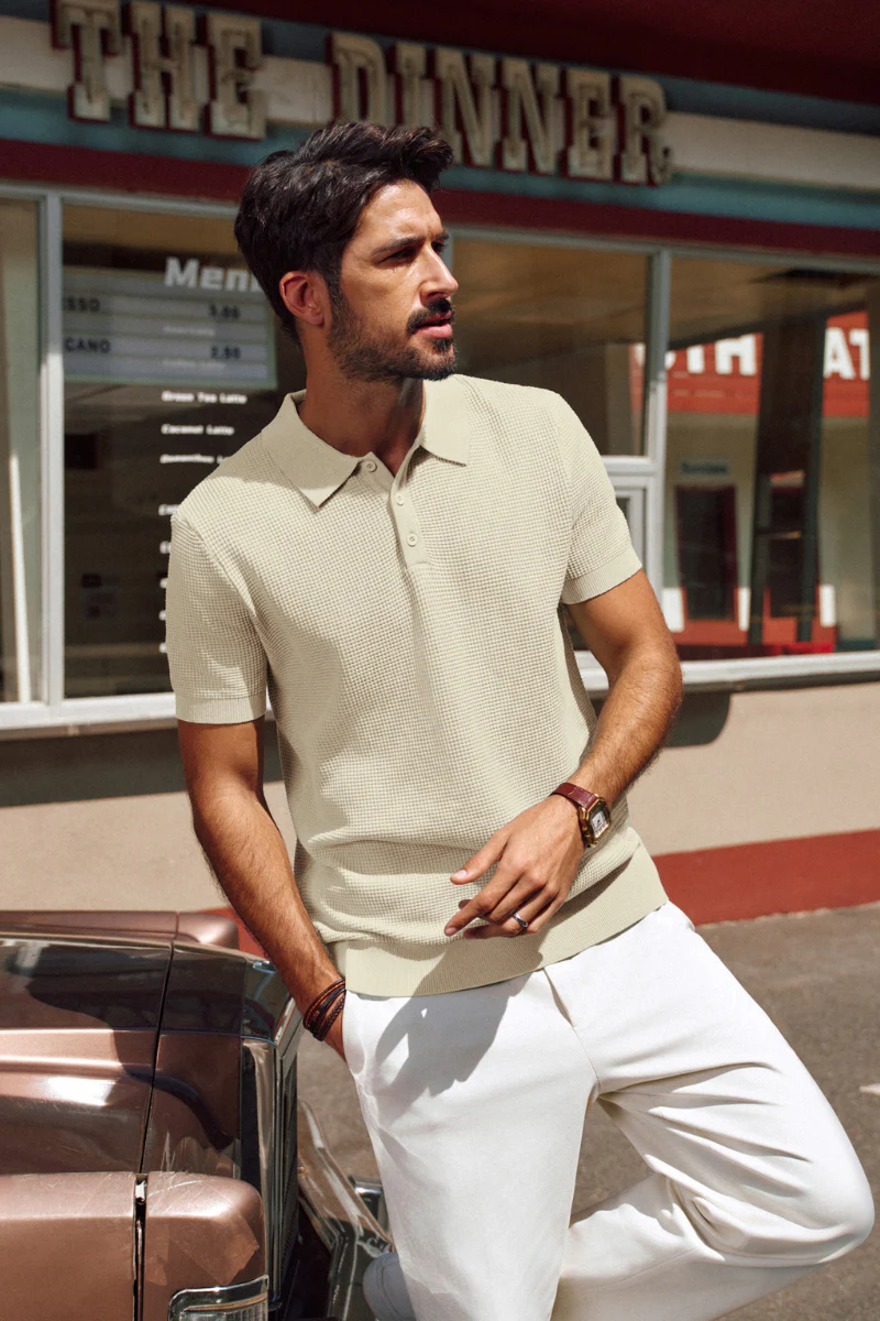 Men Waffle Textured Polo-Shirt Short Sleeve Lapel Collar Button-up Neck Tops - Image 12