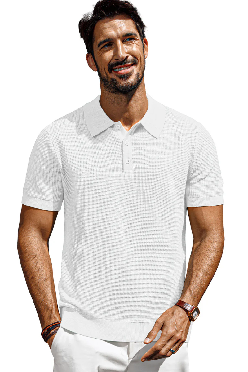 Men Waffle Textured Polo-Shirt Short Sleeve Lapel Collar Button-up Neck Tops - Image 13