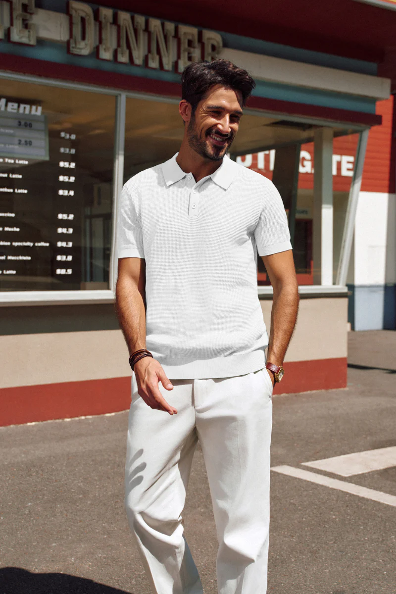 Men Waffle Textured Polo-Shirt Short Sleeve Lapel Collar Button-up Neck Tops - Image 14