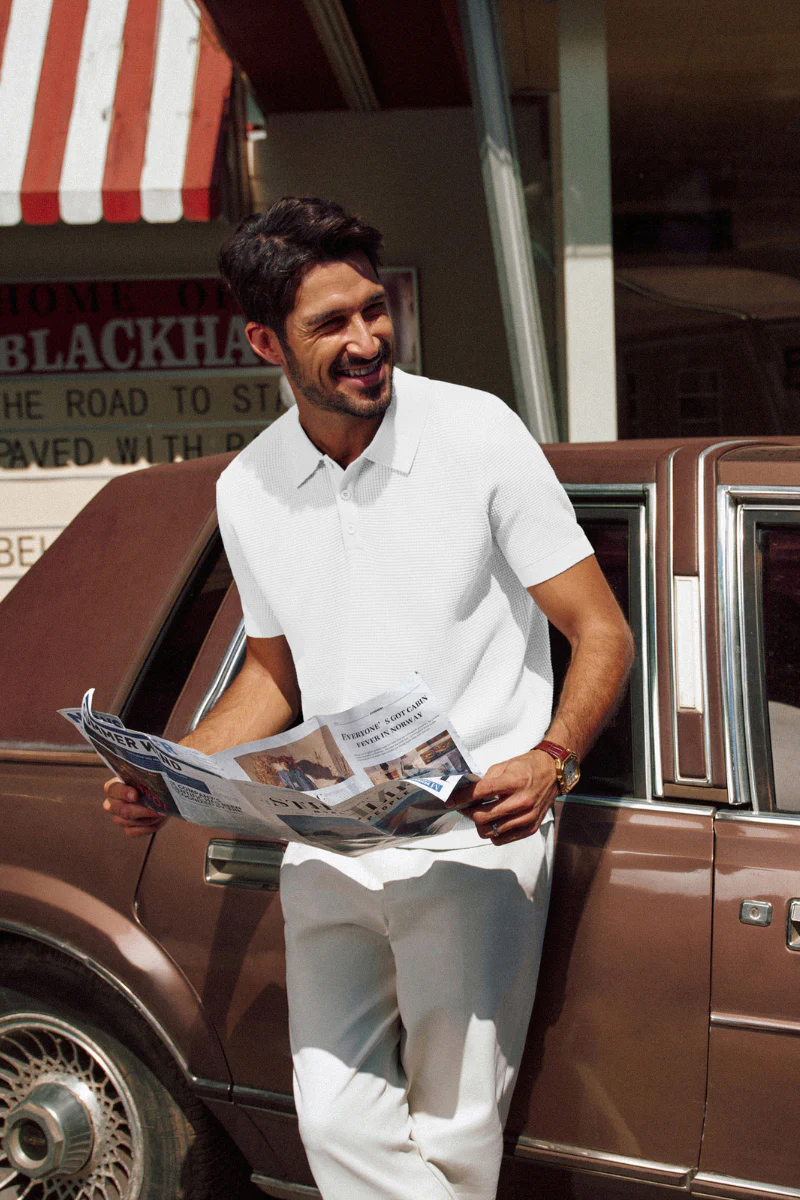 Men Waffle Textured Polo-Shirt Short Sleeve Lapel Collar Button-up Neck Tops - Image 15
