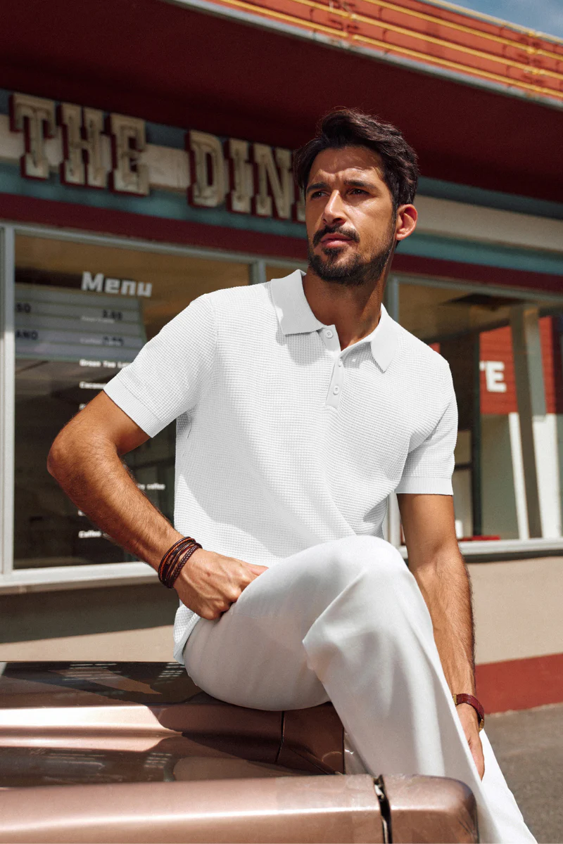 Men Waffle Textured Polo-Shirt Short Sleeve Lapel Collar Button-up Neck Tops - Image 16