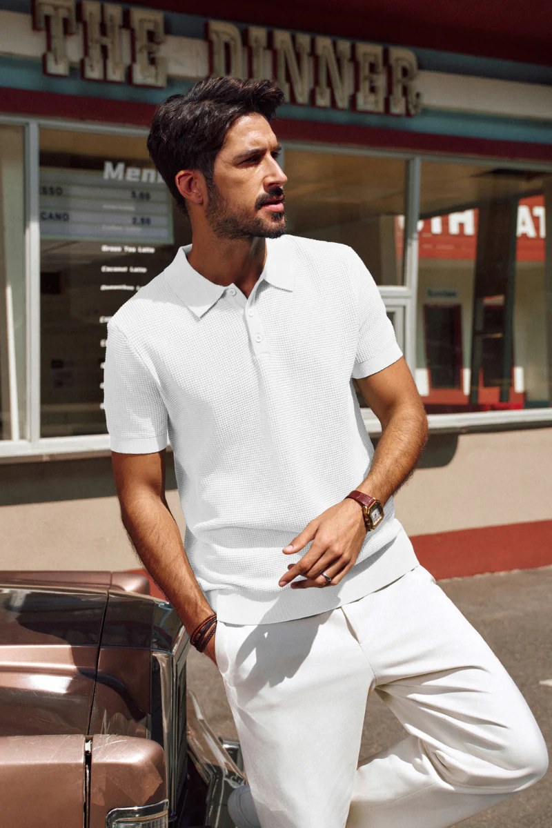 Men Waffle Textured Polo-Shirt Short Sleeve Lapel Collar Button-up Neck Tops - Image 17