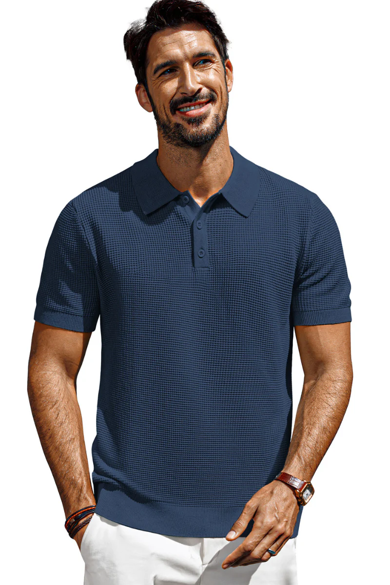 Men Waffle Textured Polo-Shirt Short Sleeve Lapel Collar Button-up Neck Tops - Image 18
