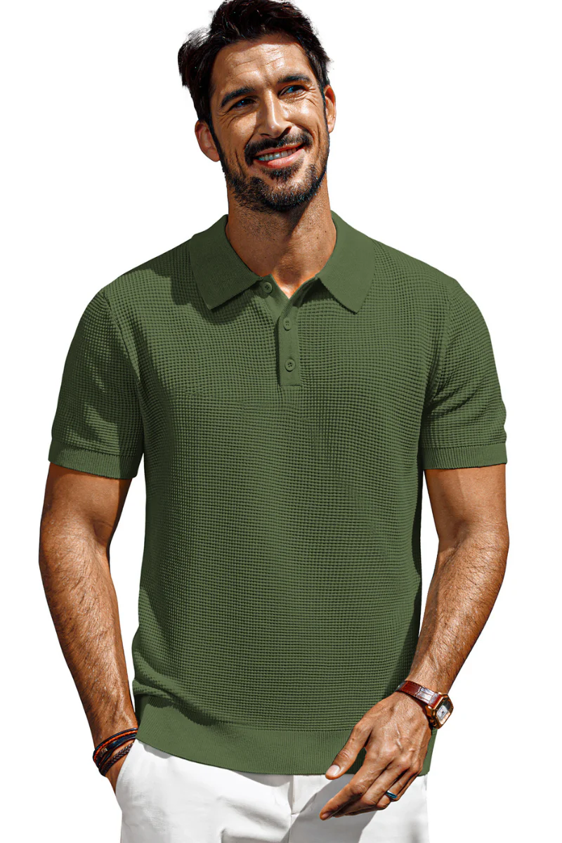 Men Waffle Textured Polo-Shirt Short Sleeve Lapel Collar Button-up Neck Tops - Image 23