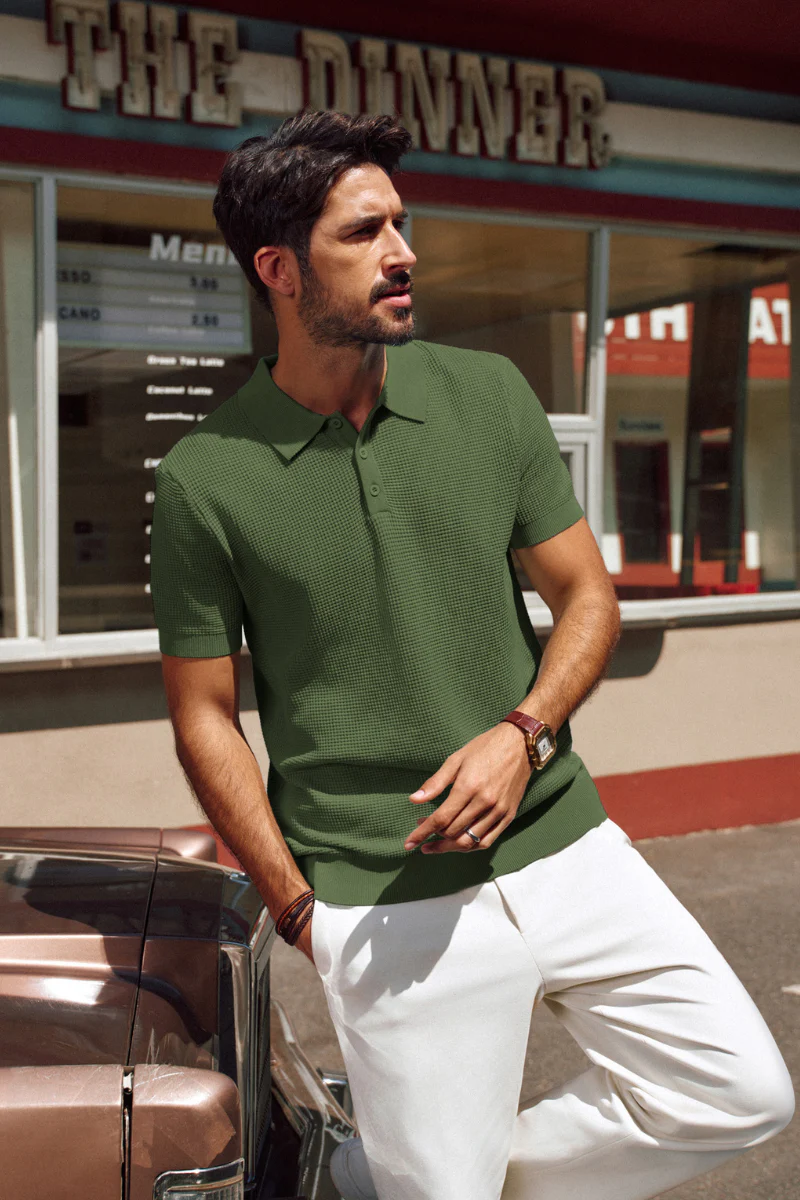 Men Waffle Textured Polo-Shirt Short Sleeve Lapel Collar Button-up Neck Tops - Image 27