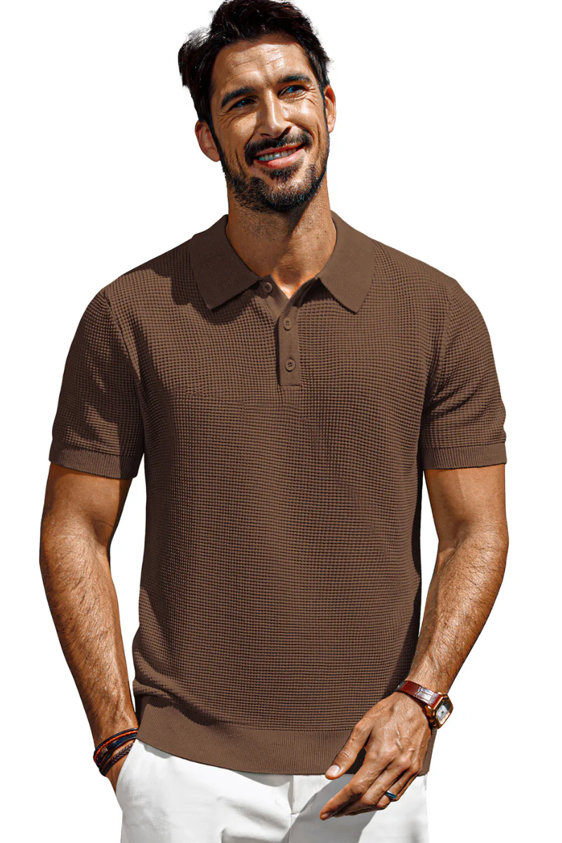 Men Waffle Textured Polo-Shirt Short Sleeve Lapel Collar Button-up Neck Tops - Image 28