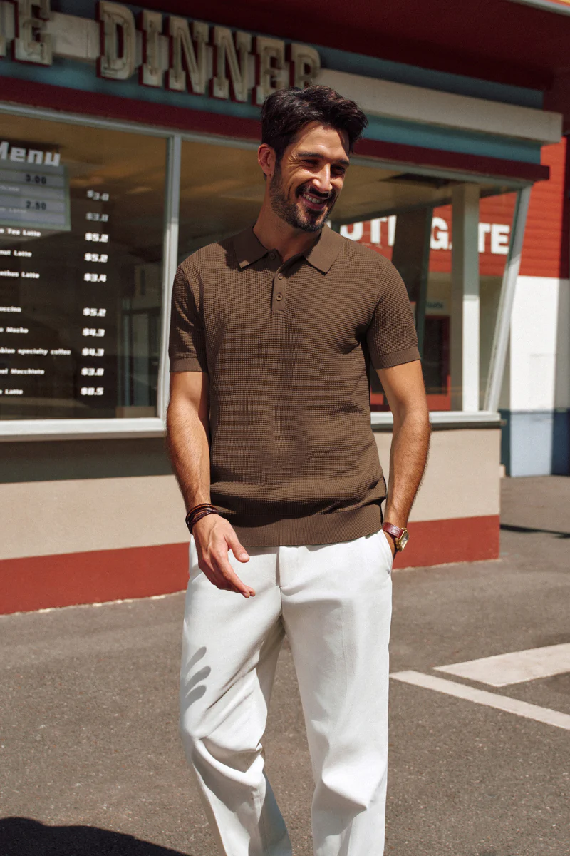 Men Waffle Textured Polo-Shirt Short Sleeve Lapel Collar Button-up Neck Tops - Image 29