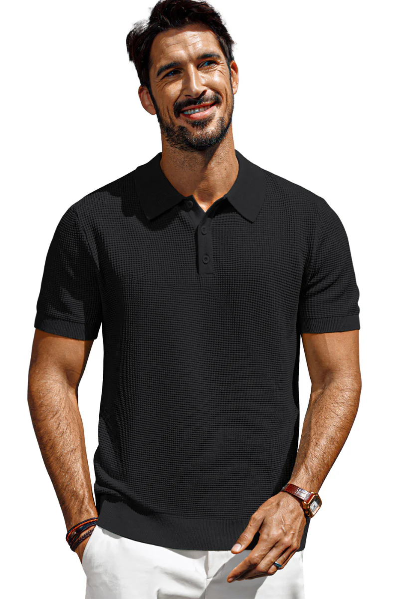 Men Waffle Textured Polo-Shirt Short Sleeve Lapel Collar Button-up Neck Tops - Image 3