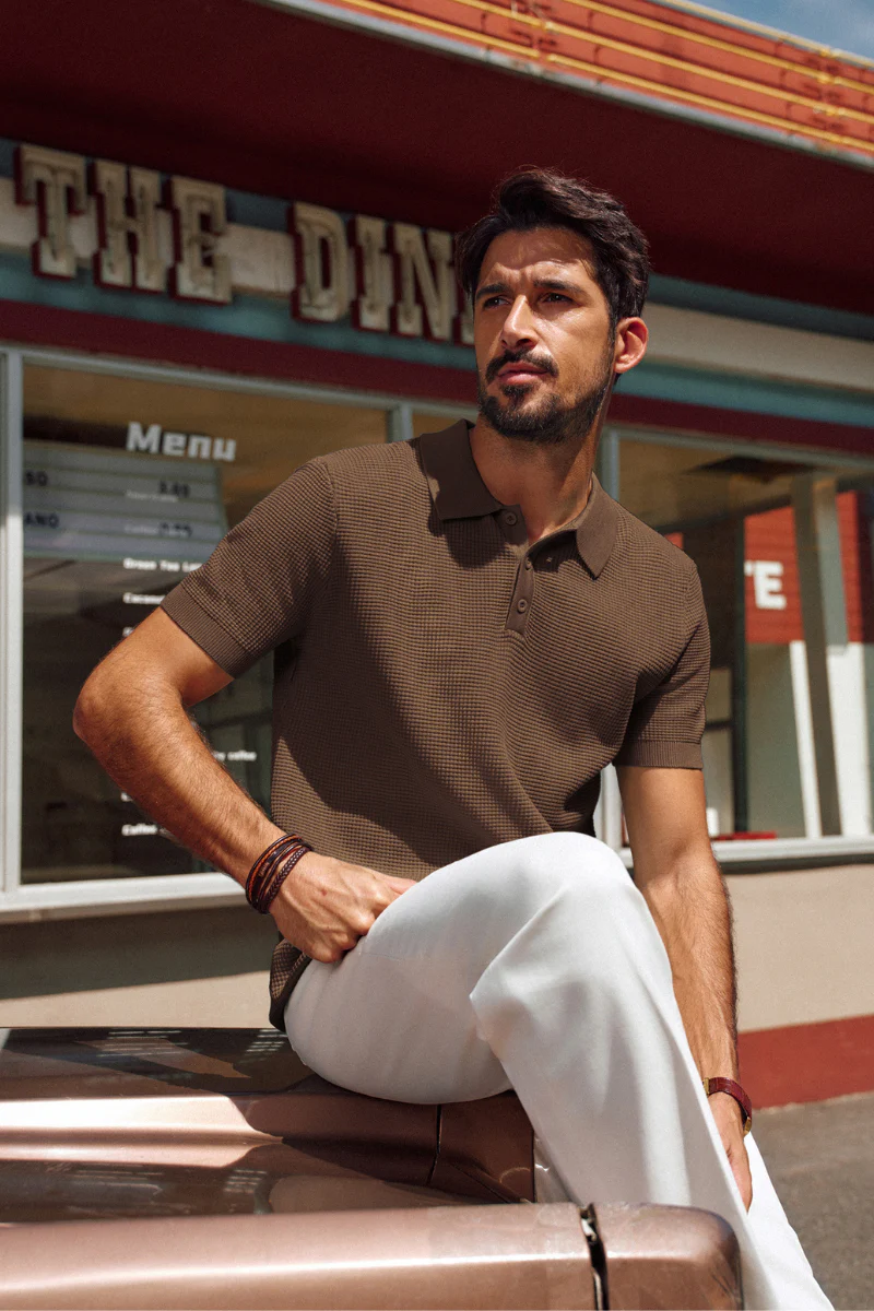 Men Waffle Textured Polo-Shirt Short Sleeve Lapel Collar Button-up Neck Tops - Image 31